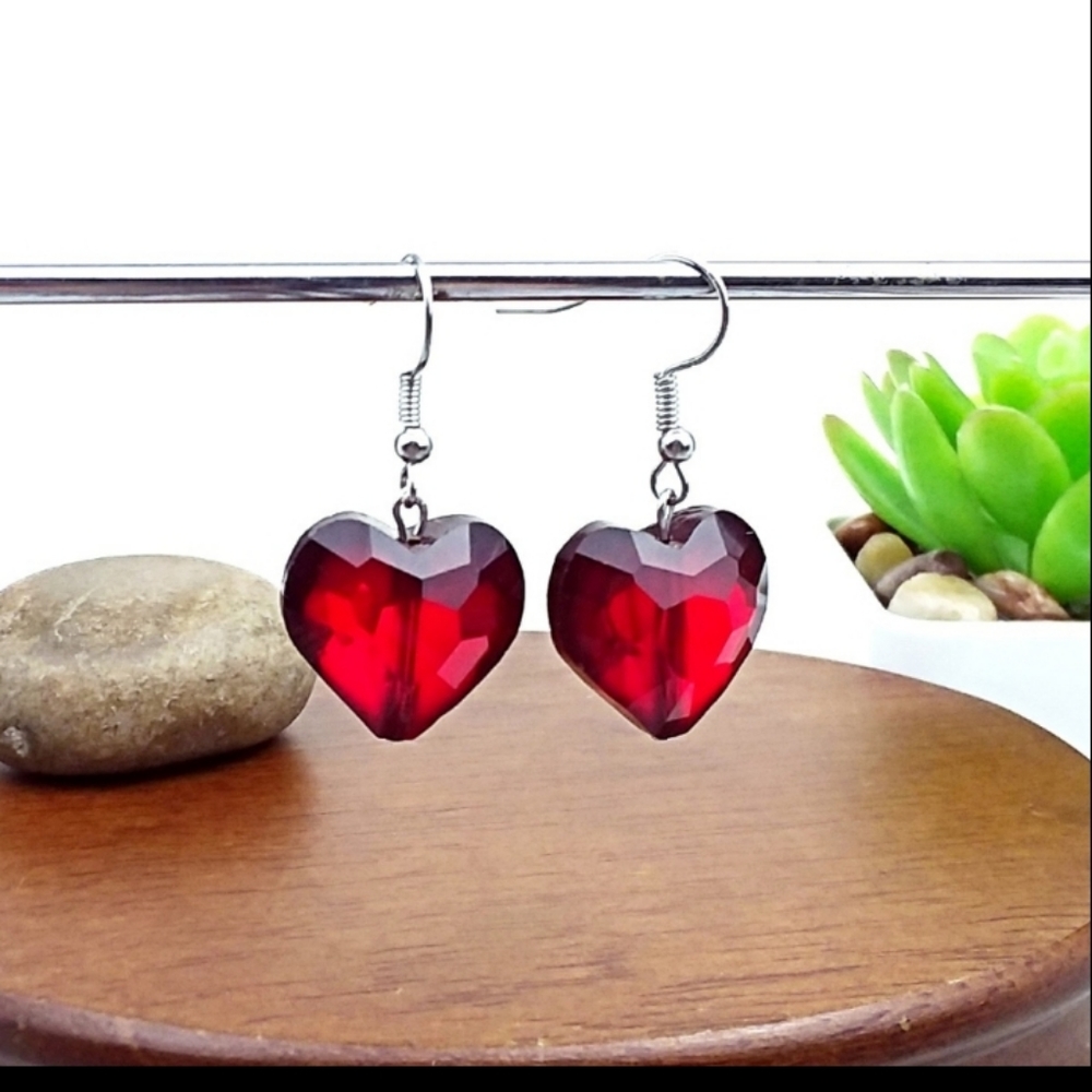 Glass Heart Silver Tone Hook Earrings